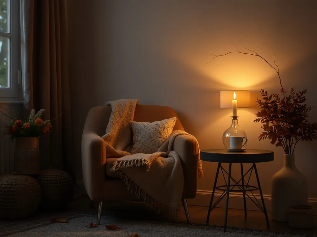 Cozy reading nook in autumn lighting